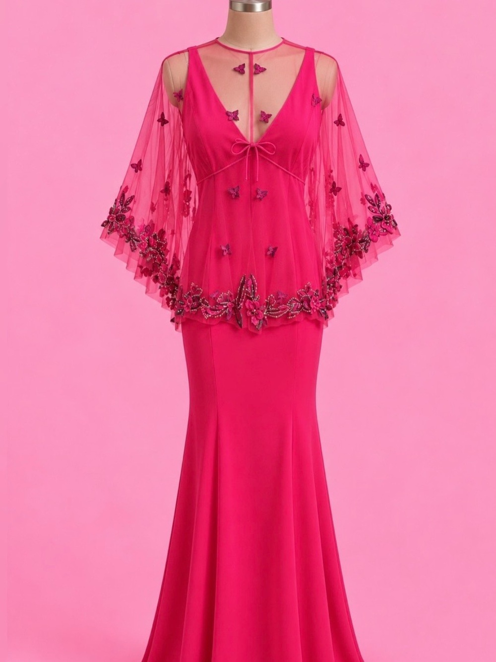New (NWT) Marchesa Notte Size 2 Fuchsia Pink Embellished Cape Maxi Gown